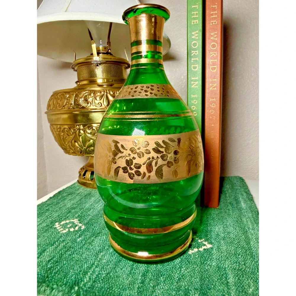 Vintage Emerald Green Glass Vase Gold Gilt Floral Decor 9.5